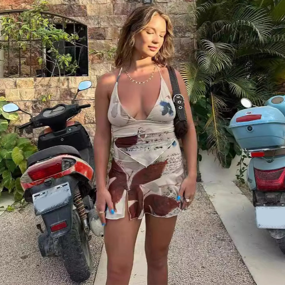 Ensemble 2 pièces imprimé, été, sexy, col en V, haut dos nu et jupe courte plissée, vêtements pour femmes