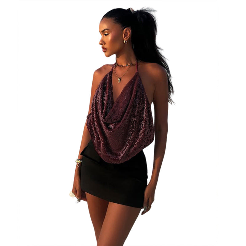 Gilet sexy dos nu à lacets et paillettes pour femme