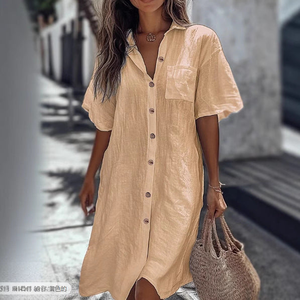 Robe Chemise Décontractée Unie pour Femme, Mode Manches Courtes Boutonnée Ample, Robes Élégantes de Bureau pour Femme, Vêtements d'Été Main Image