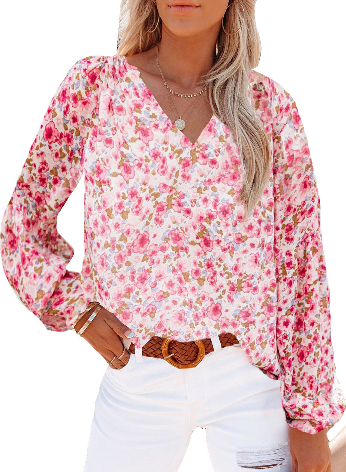 Chemisier Femme Manches Lanterne Imprimé Floral Mousseline