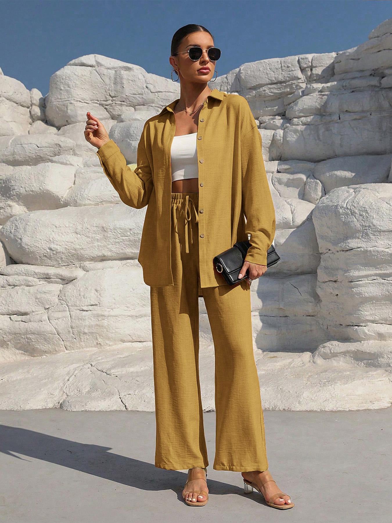Ensemble Deux Pièces Femme Grande Taille Cardigan Manches Longues Élégant Costume Décontracté Couleur Unie