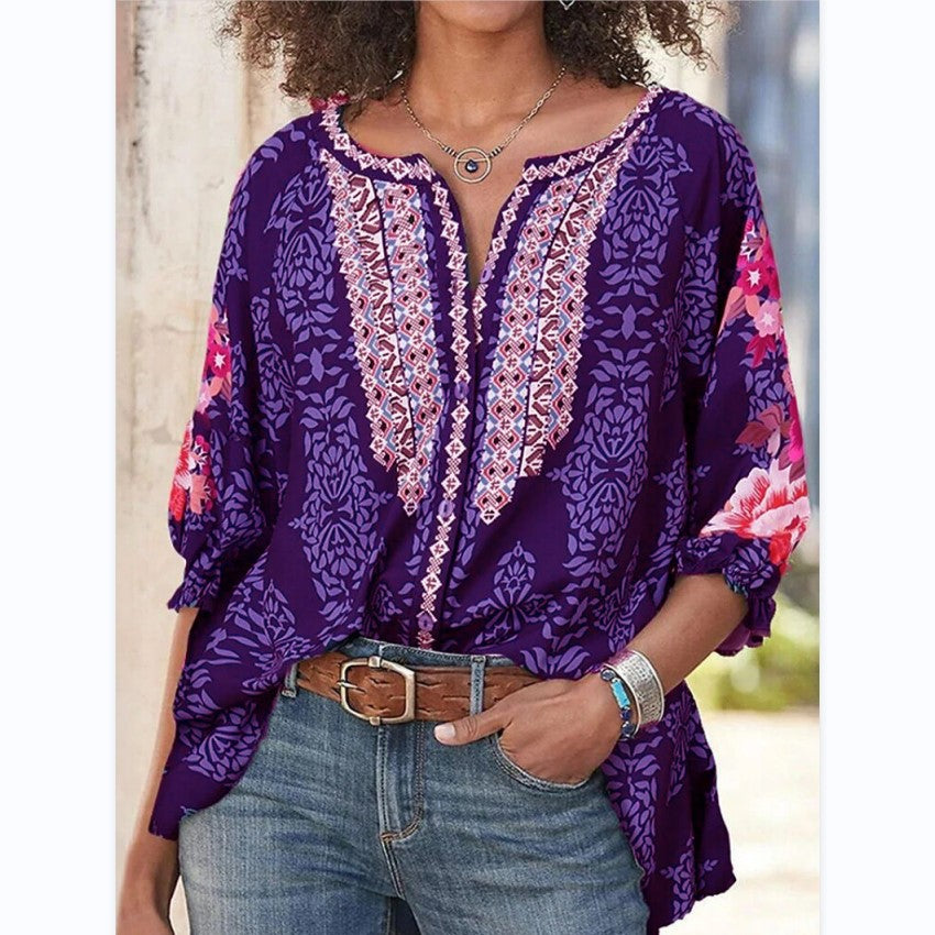 Nouveau chemisier vintage pour femmes imprimé, style folk, col rond, manches chauve-souris