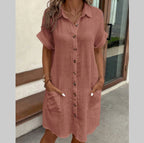 Robe chemise d'été à manches courtes, mode, couleur unie, boutonnage simple, longueur moyenne, ample