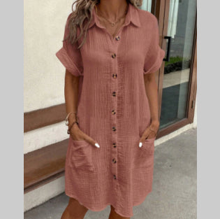 Robe chemise d'été à manches courtes, mode, couleur unie, boutonnage simple, longueur moyenne, ample