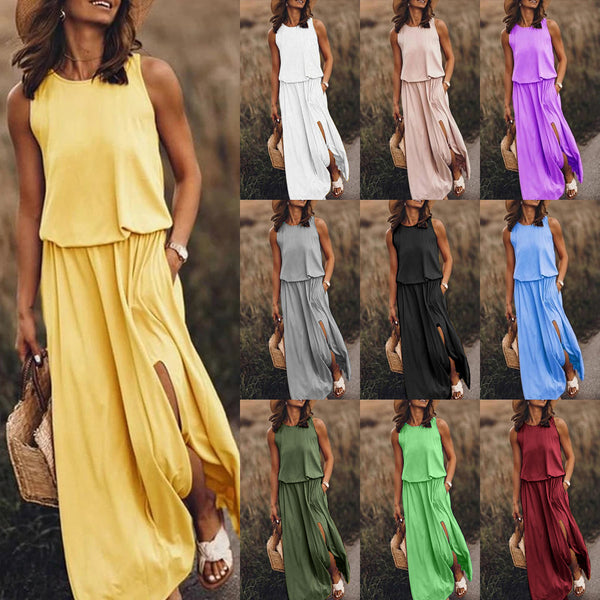 Robe unie sans manches à col rond et fente
