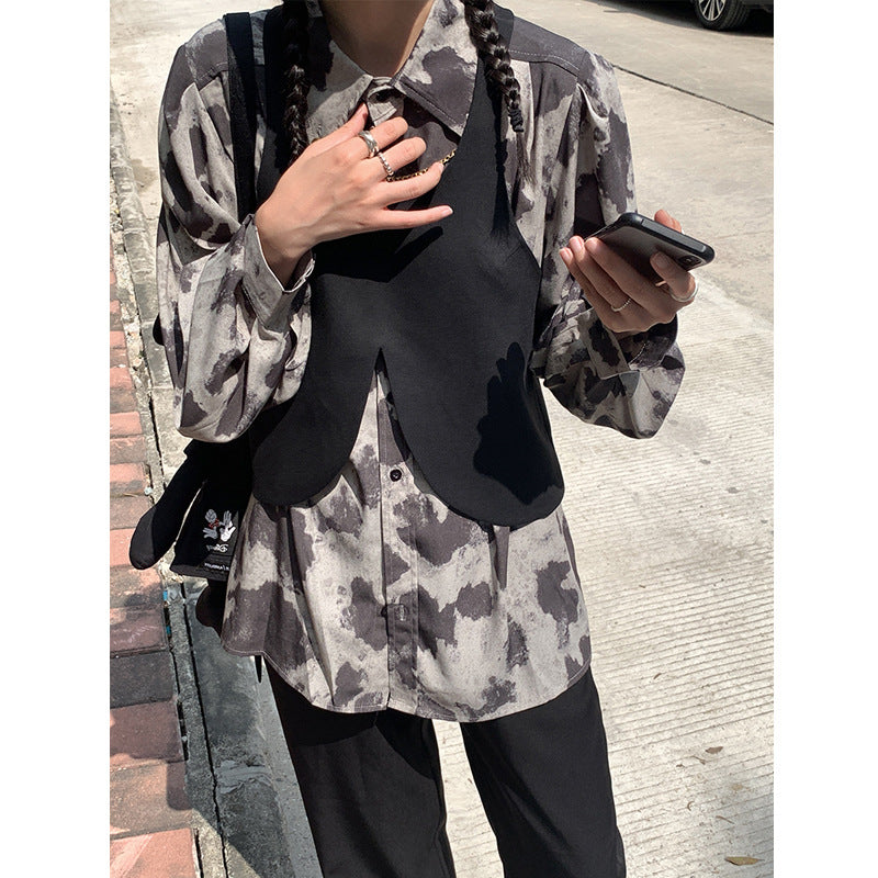 Blouse à manches longues noire, grise, à blocs de couleur léopard, chemise boutonnée avec chaîne, simple boutonnage, chemisier ample pour femmes