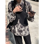 Blouse à manches longues noire, grise, à blocs de couleur léopard, chemise boutonnée avec chaîne, simple boutonnage, chemisier ample pour femmes