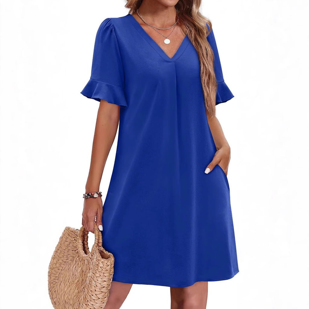 Robe élégante à col en V à volants pour femme avec poches