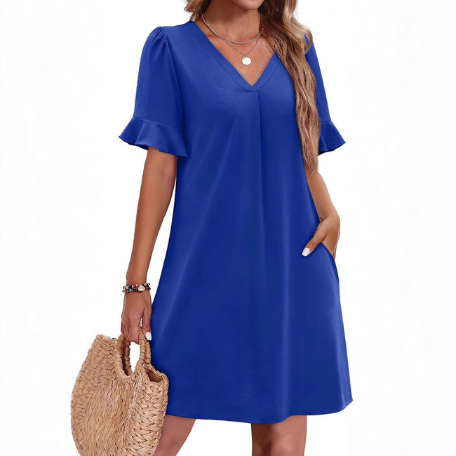 Robe élégante à col en V à volants pour femme avec poches Main Image