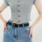 Ceintures Homme et Femme Style Simple Décontracté Rétro Boucle Carrée Argentée Métal Tête de Bouton Mode Assortie