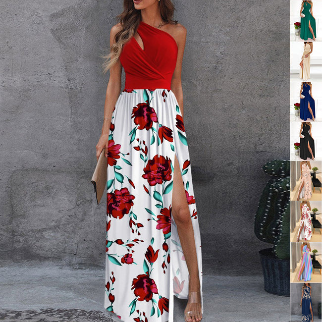 Robe fendue à imprimé roses, mode estivale, robe longue asymétrique, vêtements pour femmes Hover Image