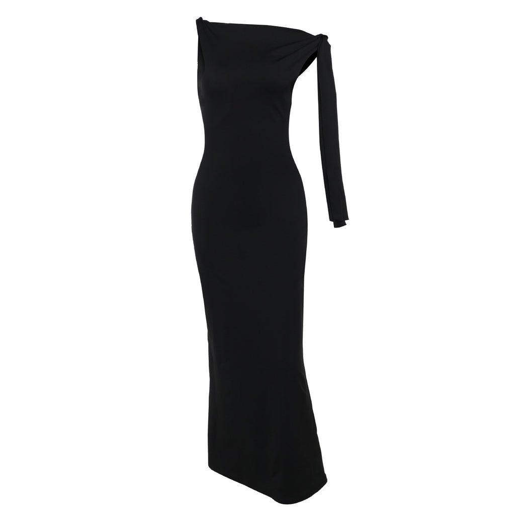 Robe longue à ruban asymétrique Ins, robe sans manches moulante pour soirée et club pour femmes