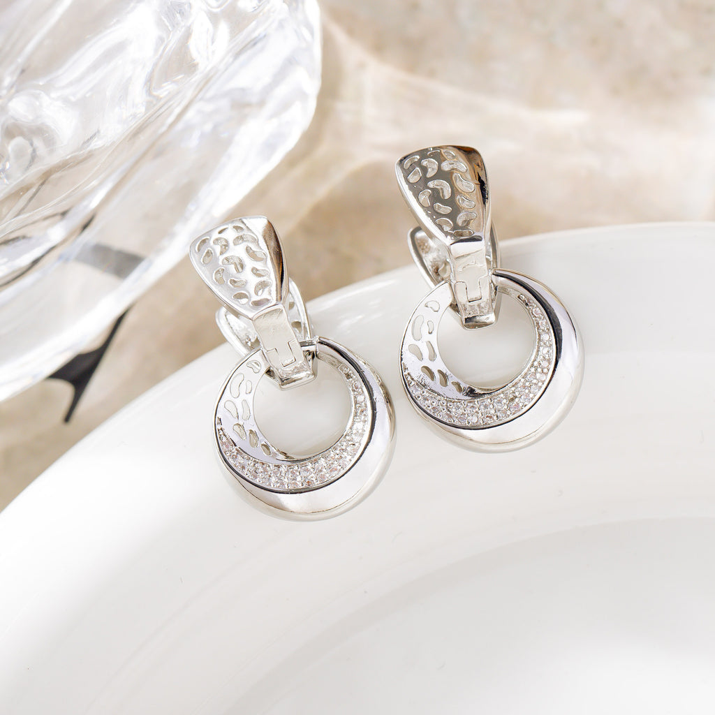 Boucles d'oreilles pendantes rondes et creuses de luxe, couleur or rose et argent, pour femmes, avec incrustation micro-cire, zircon naturel, fleur, bijoux de mariage et quotidiens pour femmes