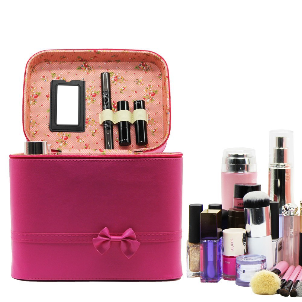 Trousse de toilette Sac pour femme Nœud Grande capacité Boîte de rangement mode Mignon Simple Portable Trousse de maquillage de voyage en PU