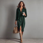 Robe Décontractée Chic à Col Rabattu et Boutons, Robe de Soirée Simple Unie pour Femmes Printemps Automne, Robe Longue à Manches pour Dames en Vacances