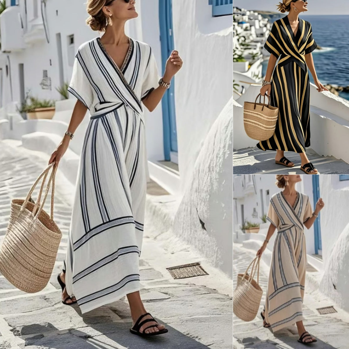 Robe décontractée ample style rétro à imprimé rayé, robe de vacances d'été à manches courtes et col en V, robe longue plissée bohème trapèze pour femme