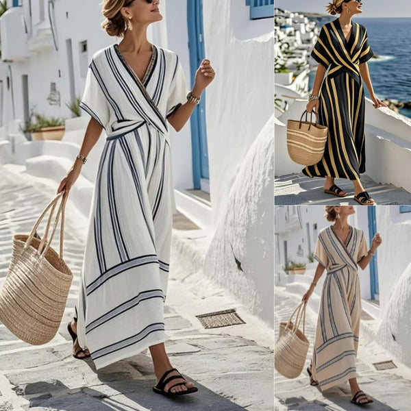 Robe décontractée ample style rétro à imprimé rayé, robe de vacances d'été à manches courtes et col en V, robe longue plissée bohème trapèze pour femme