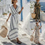 Robe décontractée ample style rétro à imprimé rayé, robe de vacances d'été à manches courtes et col en V, robe longue plissée bohème trapèze pour femme