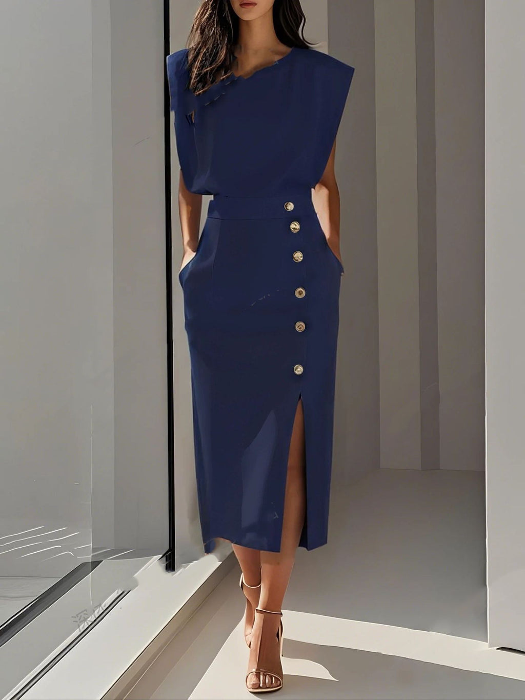 Robe midi décontractée sans manches fendue boutonnée d'été pour femme