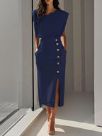 Robe midi décontractée sans manches fendue boutonnée d'été pour femme