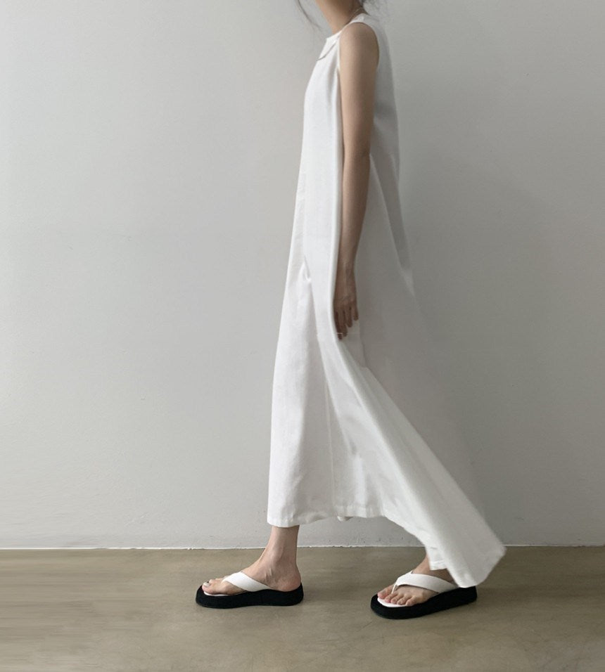 Robe longue en coton et lin unie sans manches à col rond