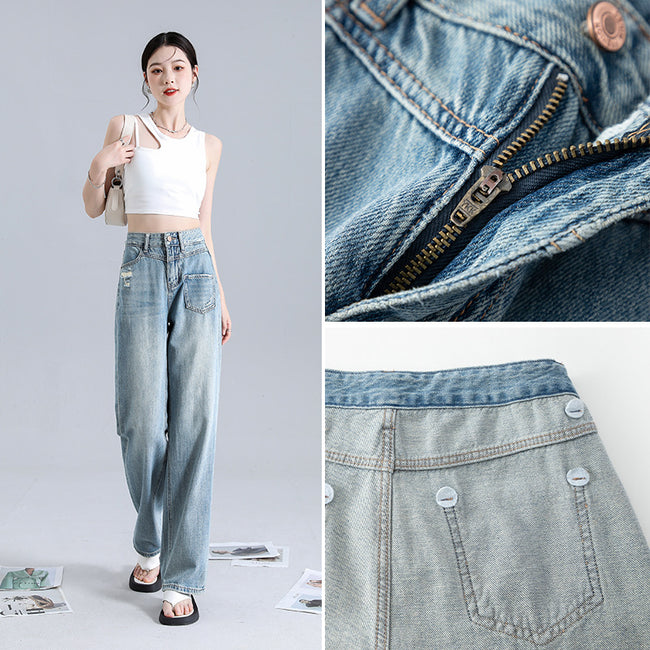 Jeans droits irréguliers à la mode pour femme Main Image