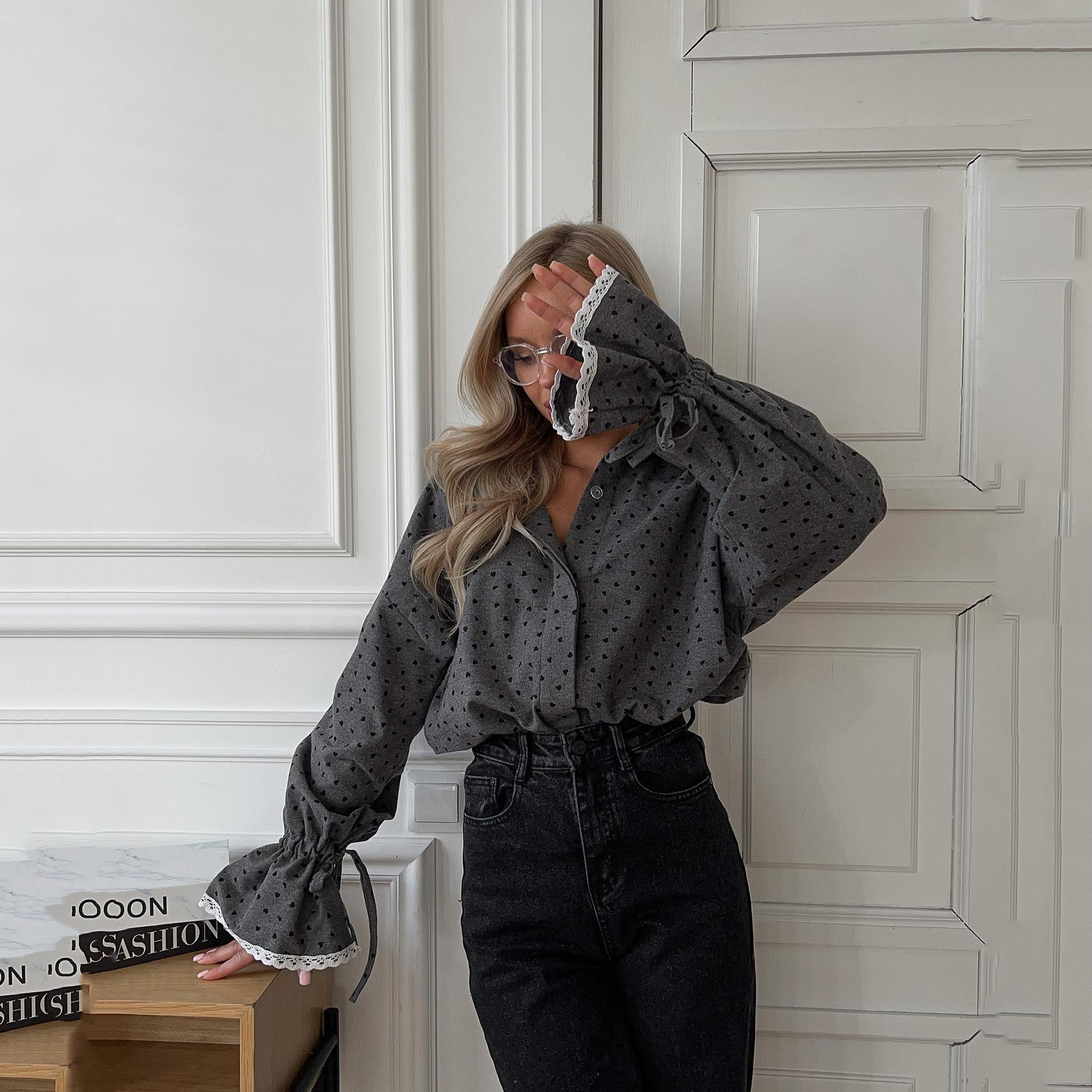 Chemise boutonnée élégante haut de gamme à imprimé cœur pour femme