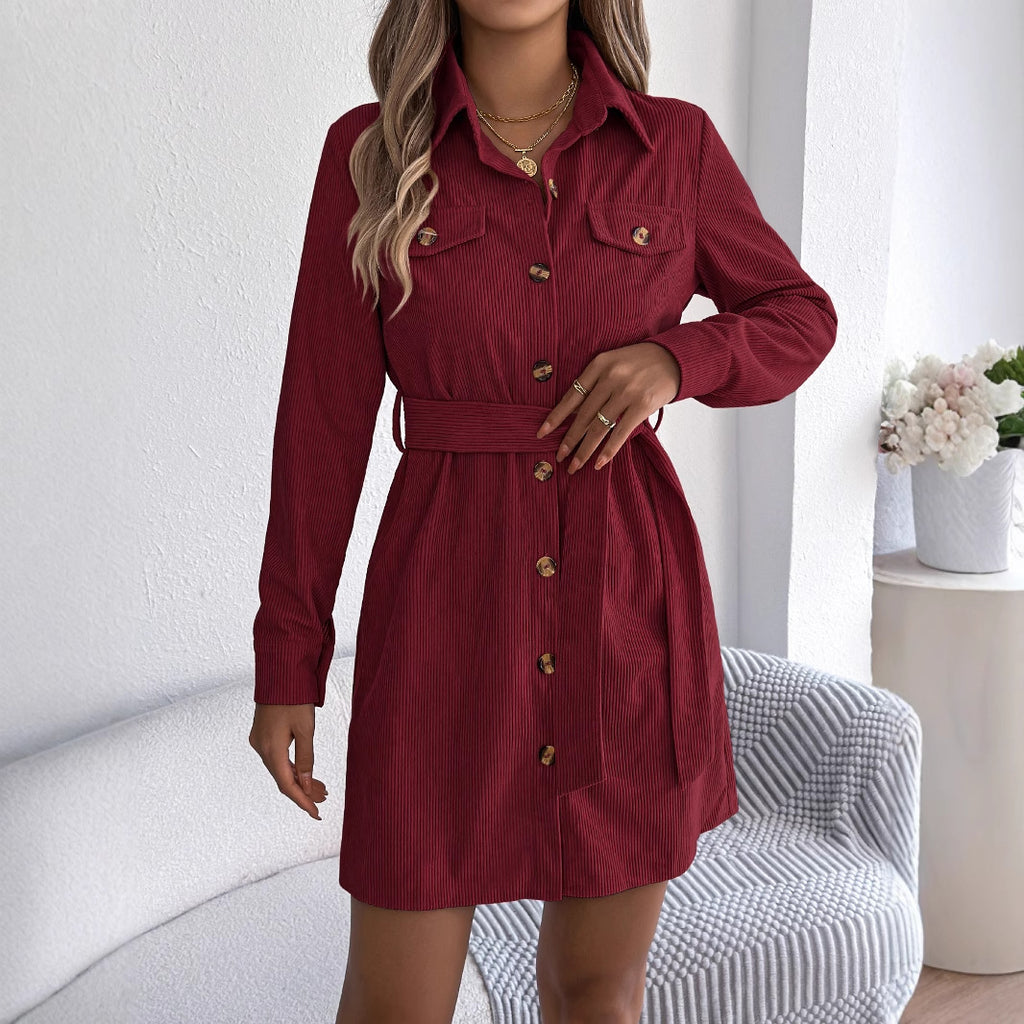 Robe chemise décontractée en velours côtelé de couleur unie, à manches longues, boutonnée et lacée