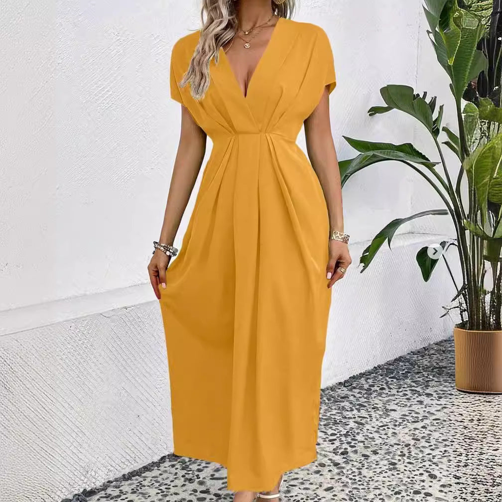 Robe longue unie à col en V profond, manches à épaules plissées et taille élastique