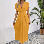 Robe longue unie à col en V profond, manches à épaules plissées et taille élastique