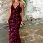 Dress V-neck Brace Backless Sequined Long Night Dresses High Waist Dance Wedding Prom Bridesmaid Maxi