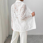 Blazer décontracté blanc brodé de dentelle pour femme