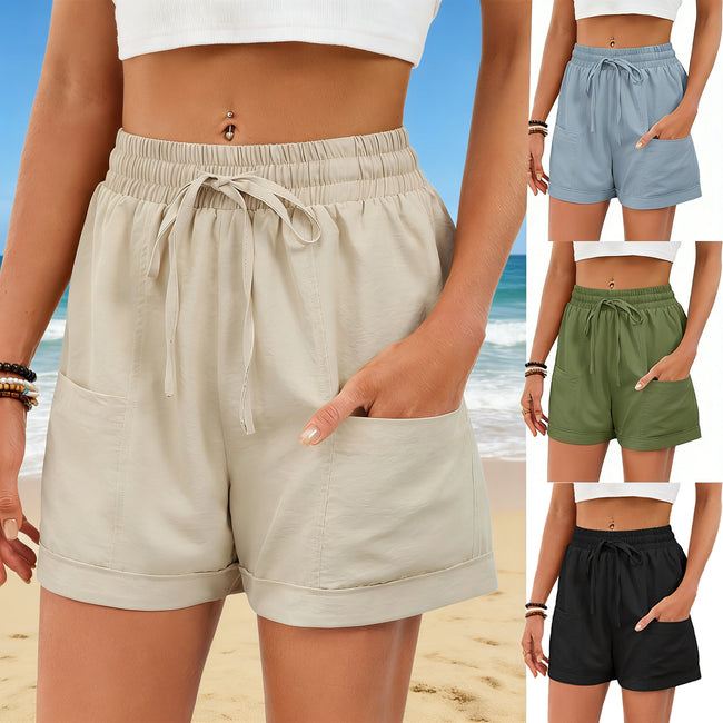 Short ample uni avec poches, taille élastique et cordon de serrage pour femme Hover Image