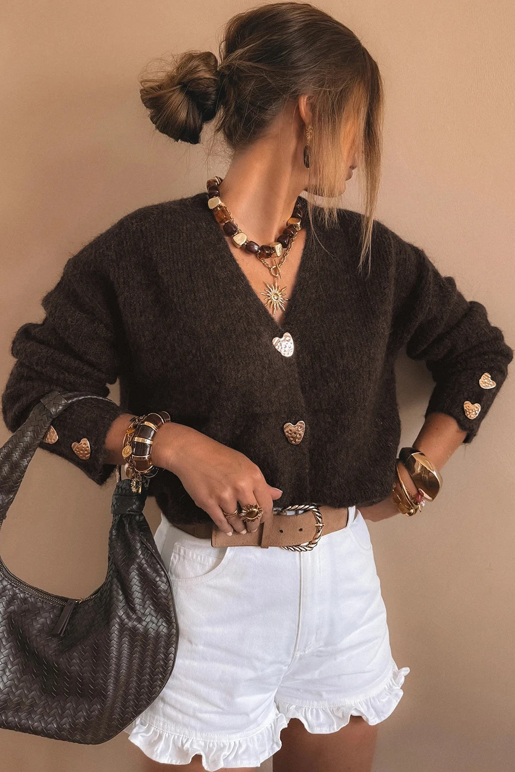 Manteau cardigan en maille à boucles métalliques pour femme