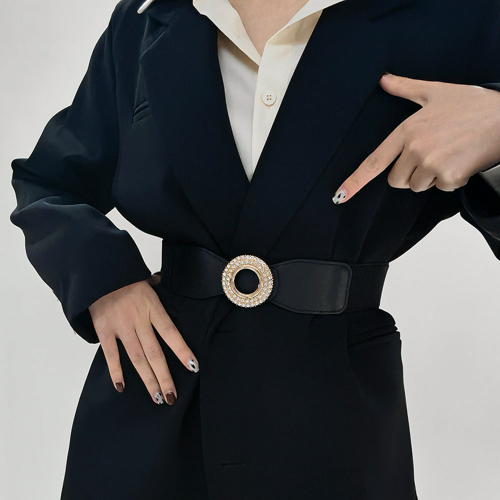Nouvelle ceinture élastique incrustée de diamants et de strass pour femmes, ceinture de costume à boucle ronde simple pour jupe et chemise