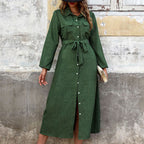Nouvelle robe verte unie à manches longues et col rabattu pour femmes