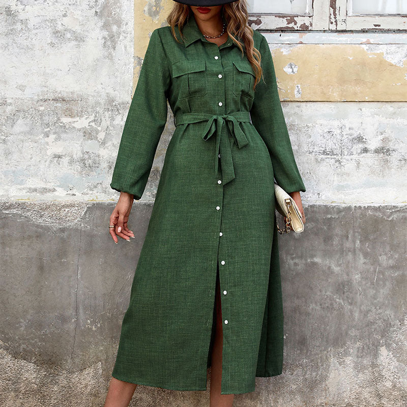 Nouvelle robe verte unie à manches longues et col rabattu pour femmes