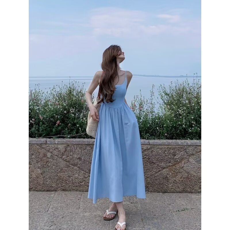 Robe Salopette Plissée Bleu Doux