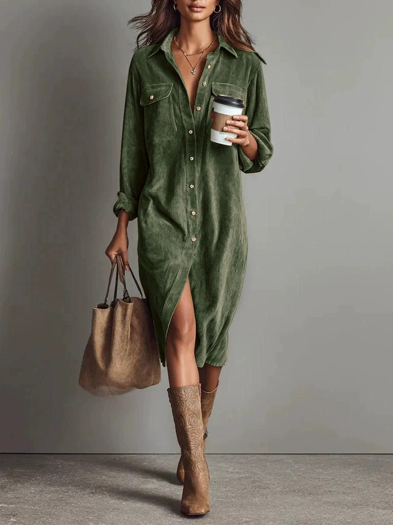 Robe Décontractée Chic à Col Rabattu et Boutons, Robe de Soirée Simple Unie pour Femmes Printemps Automne, Robe Longue à Manches pour Dames en Vacances