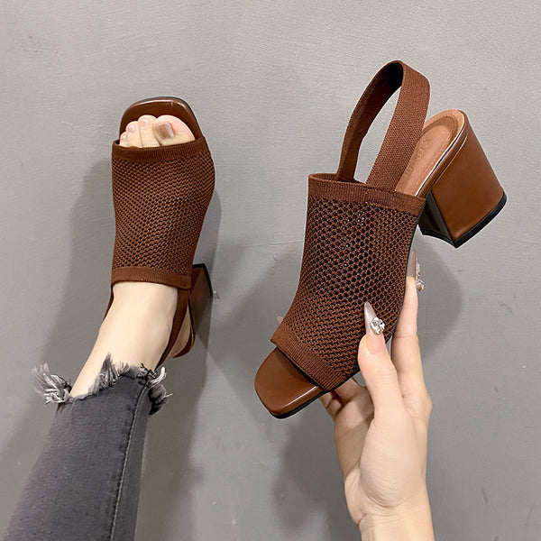 Sandales volantes tissées à talons hauts et épais pour femmes, de style européen et américain