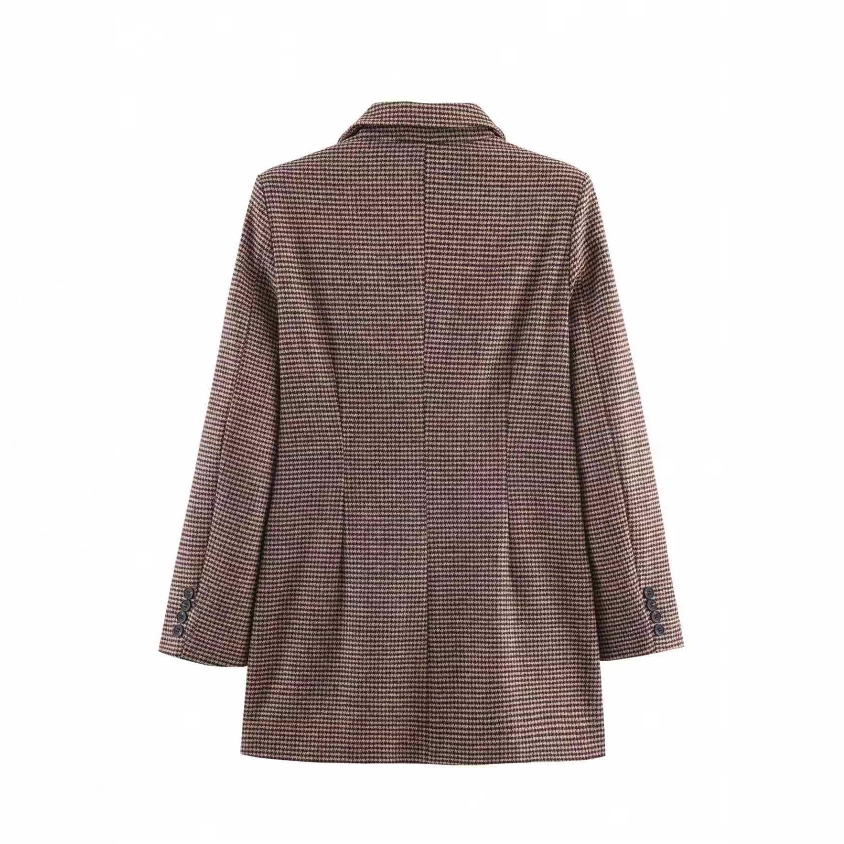 Blazer mi-long croisé pied-de-poule pour femme