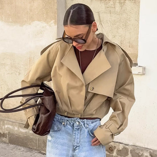 Manteau double boutonnage à col et kaki pour femme