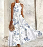 Robe longue confortable sans manches pour femme, à motif porcelaine bleue et blanche