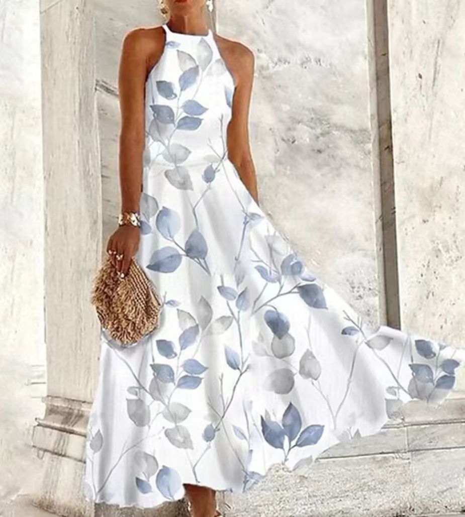 Robe longue confortable sans manches pour femme, à motif porcelaine bleue et blanche