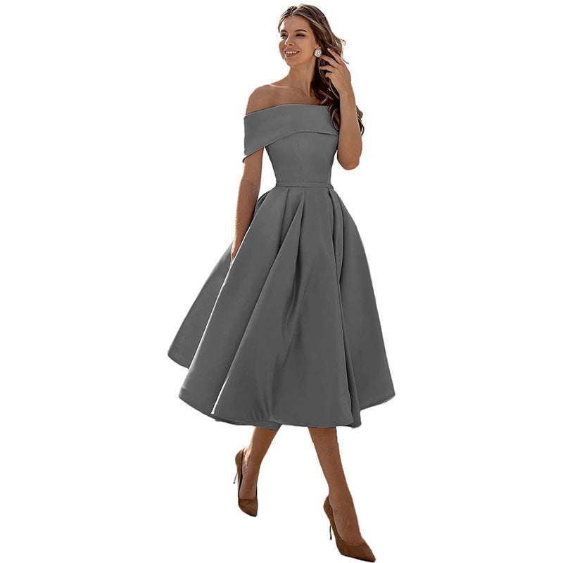 Robe de Soirée Formelle en Satin pour Femme sans Bretelles, Coupe Décontractée, Longueur Thé, Épaules Dénudées, avec Poches