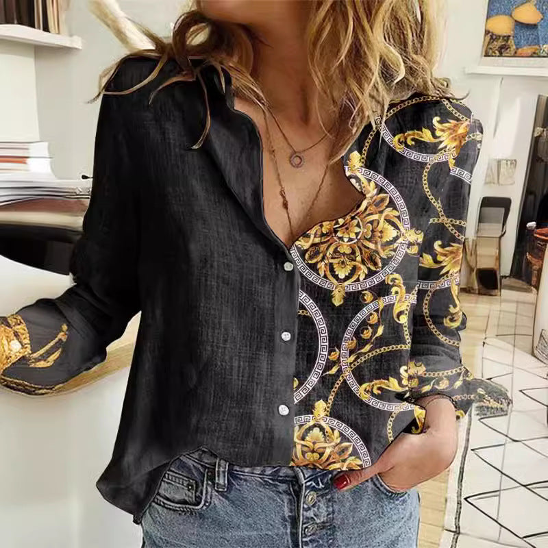 Chemise à la mode avec impression, revers et manches longues pour femme