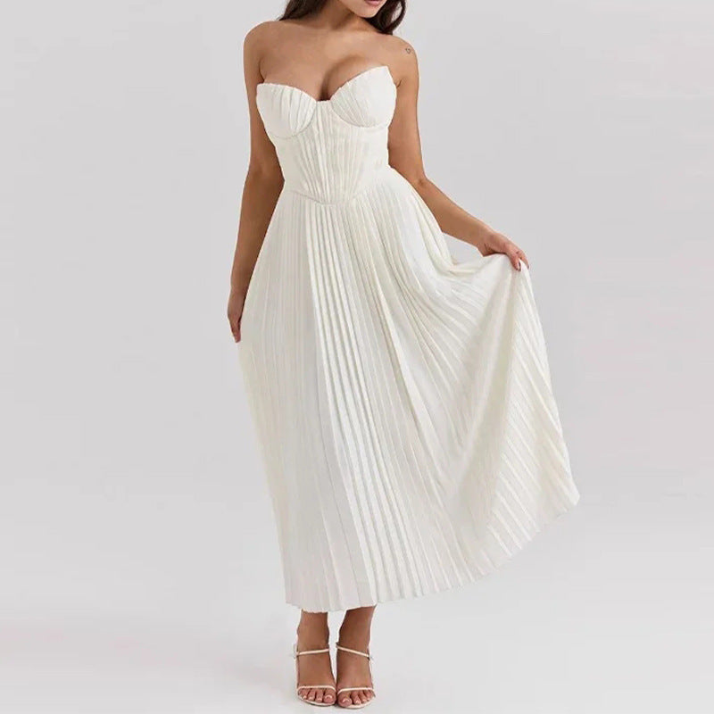 Robe plissée élégante sans manches à col en V