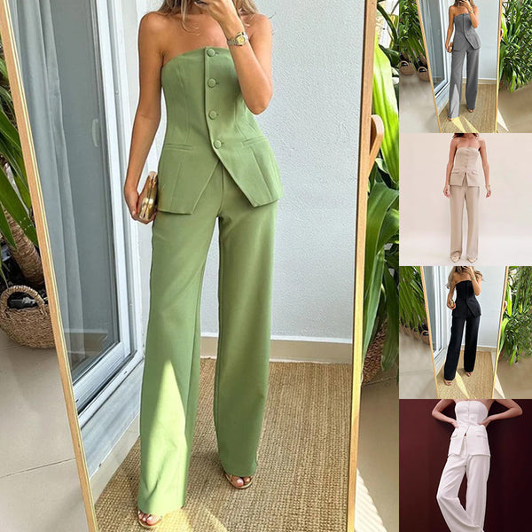 Ensemble élégant haut tube, gilet à boutons sans manches et pantalon droit pour femme