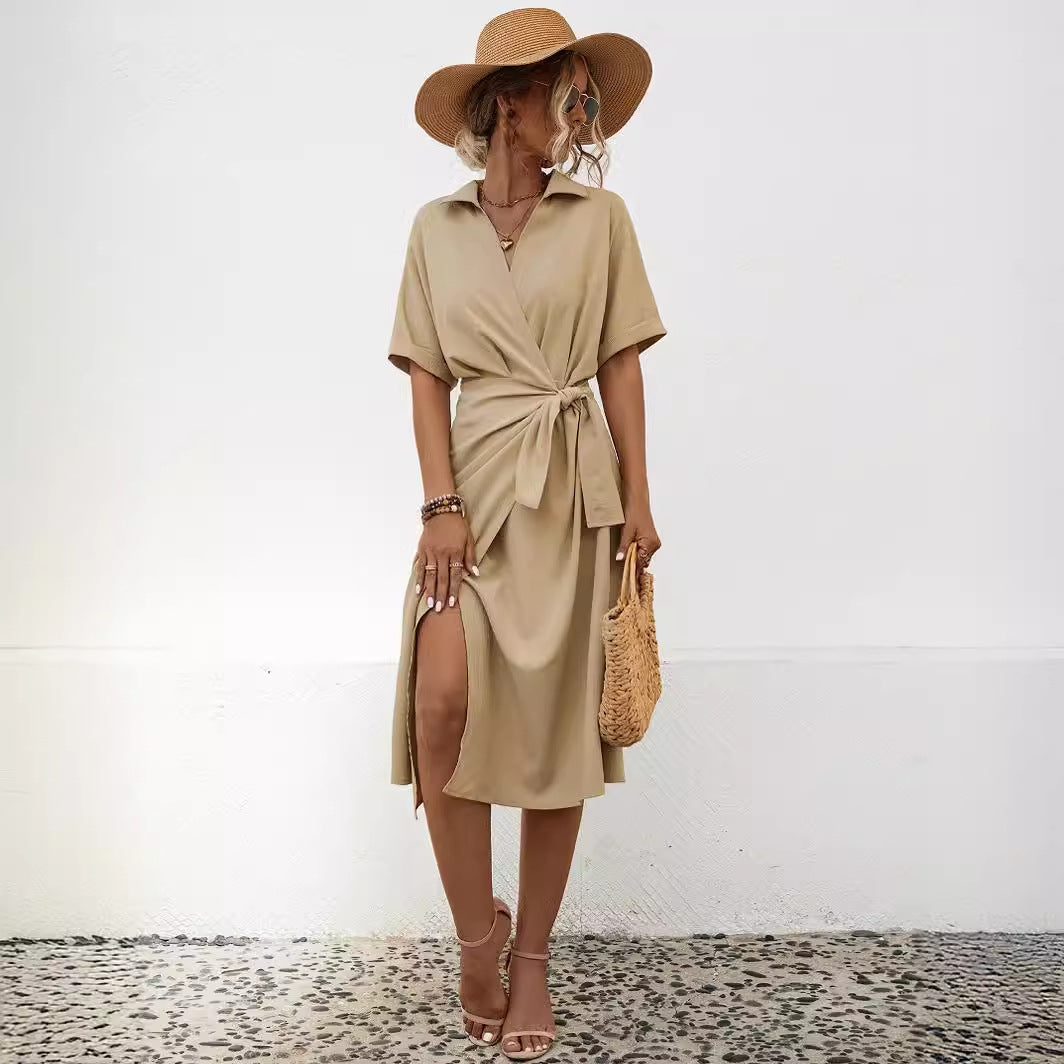Robe courte à manches courtes pour femme, coupe ventre