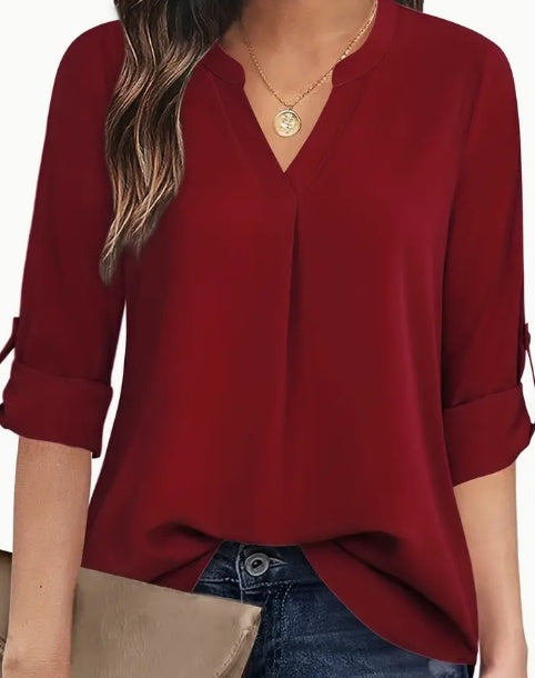 Chemisier chic uni à col en V - Simplicité tendance pour femme - Style décontracté à manches longues Main Image